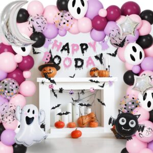 Amandir 120Pcs Pink Purple Halloween Birthday Party Decorations, Happy Boo Day Glitter Banner Ghost Bat Foil Balloons Garland Arch kit Cake Topper for Girl Kids Halloween Baby Shower Supplies