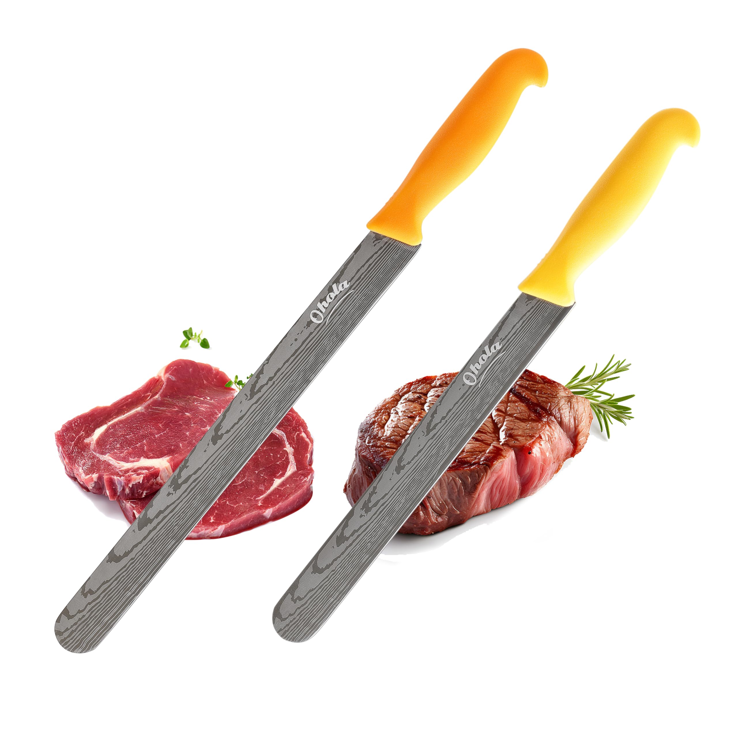 2PCS Brisket Knife, OHOLA 12 inch & 10 inch Carving Meat knife, Premium Stainless Steel Slicing Knife with Plastic Handle, Great for Smoked Brisket, BBQ Meat, Turkey (Orange+Yellow)