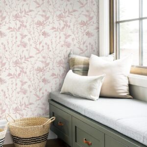 HeloHo Peel and Stick Wallpaper Pink Floral Leaf Wallpaper Self Adhesive Removable Wallpaper Waterproof Contact Paper 16.1" X 118" for Living Room Bedroom Decor