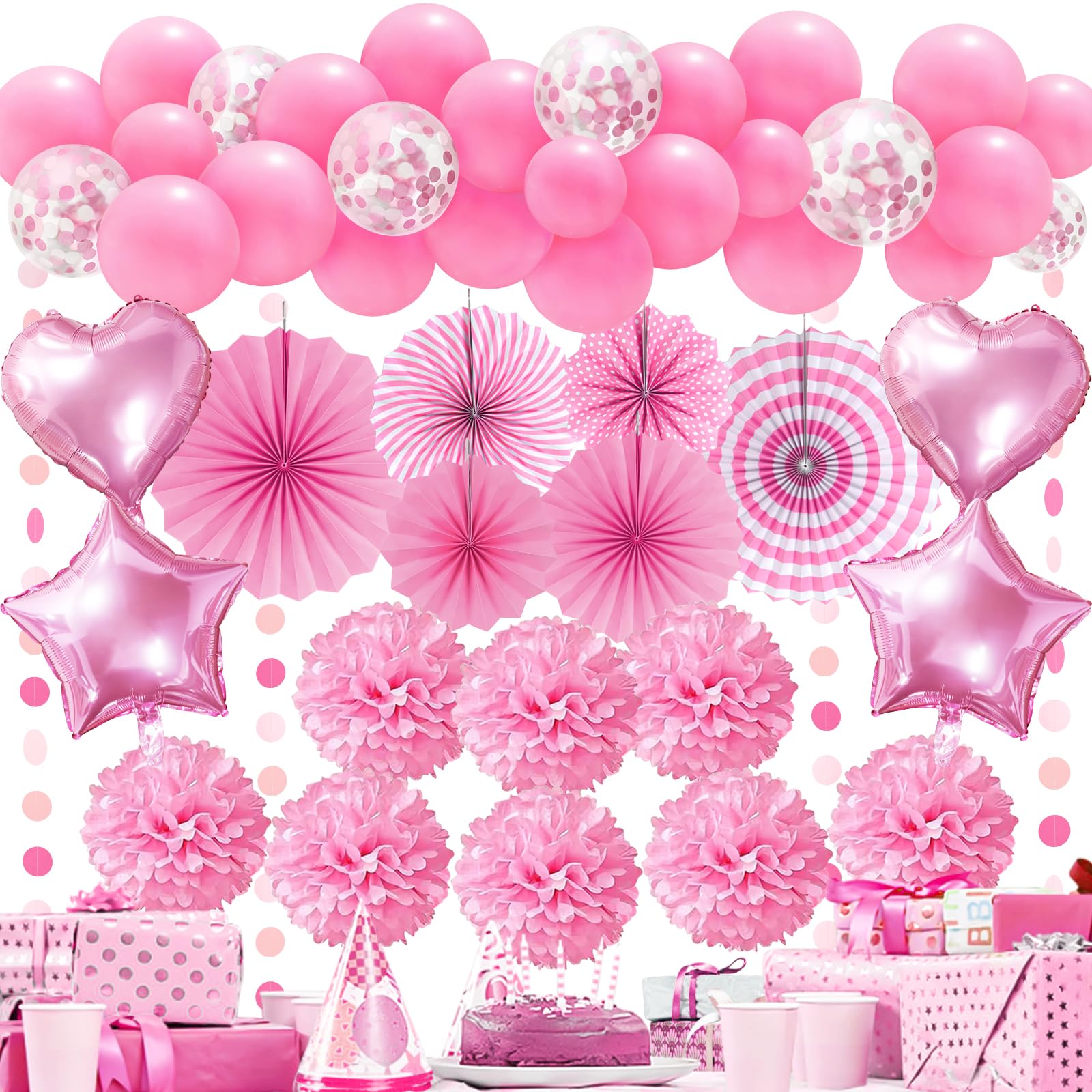 Recosis Party Decorations Pink, Paper Pompom Balloon Garland Party Supplies for Women Girl Party Birthday Valentine's Day Baby Shower Bachelorette Wedding Graduation Party Decorations