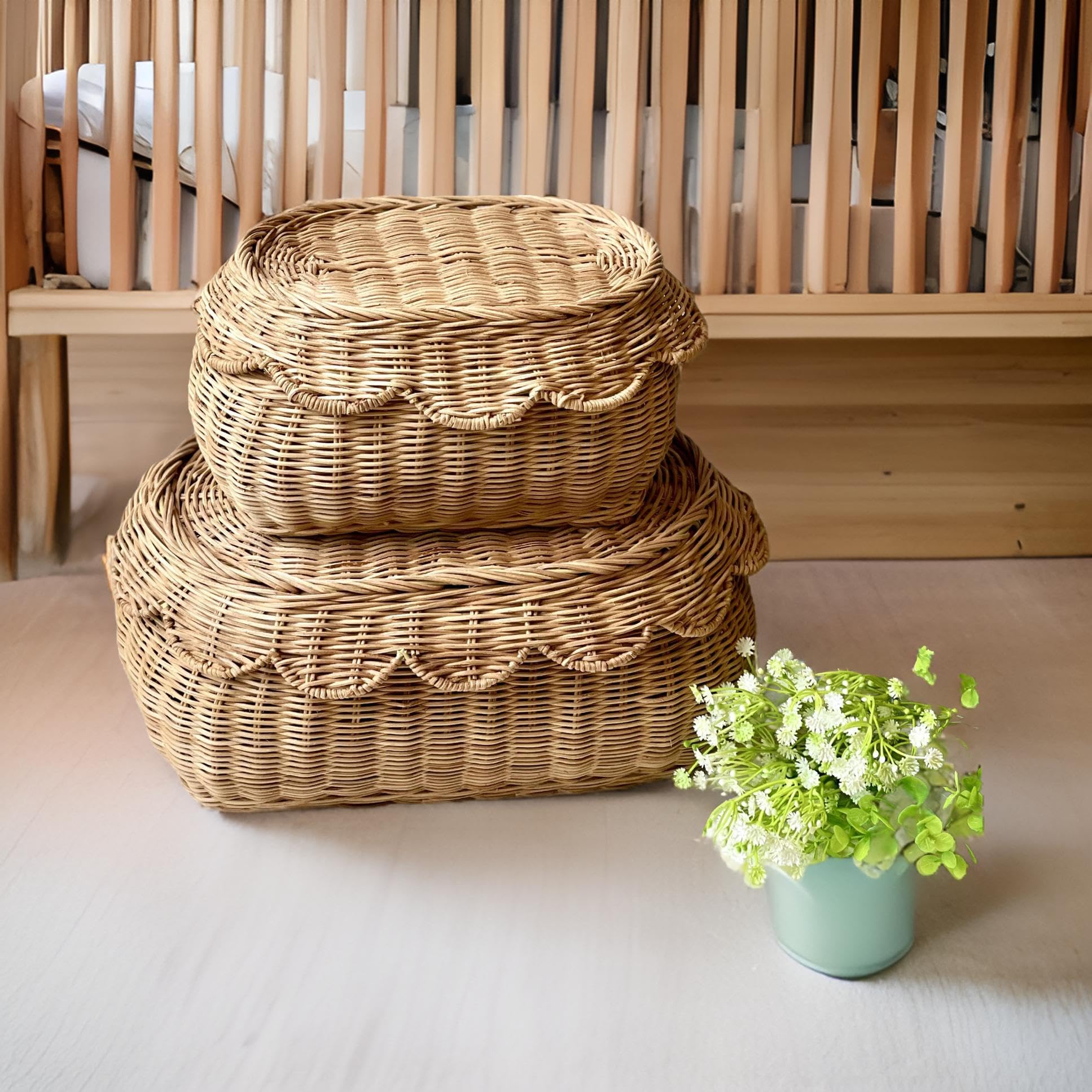 Small Basket Set of 2, Hand Woven Scallop Rattan Baskets - Storage Basket with Lid, Nursery Storage, Scalloped Edge Basket, Scalloped Wicker Basket, Home Decor for any room 15 x 10 x 6