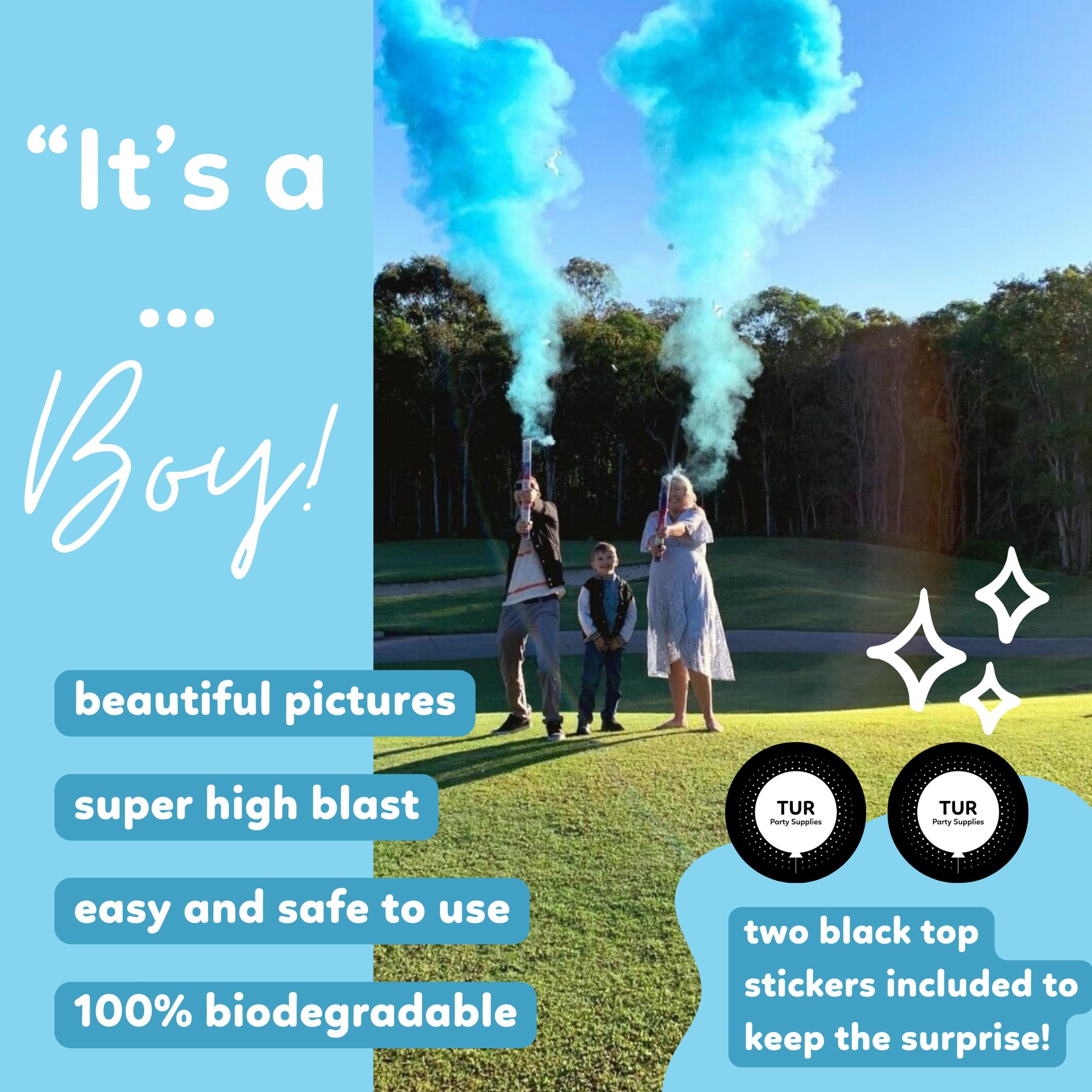 (2 Blue) Giant Gender Reveal Powder Cannon with Holi Powder | TUR Party Supplies | No Mess 100% Biodegradable | 24 inch | Confetti Poppers for Baby Boy or Girl Gender Reveal Decorations