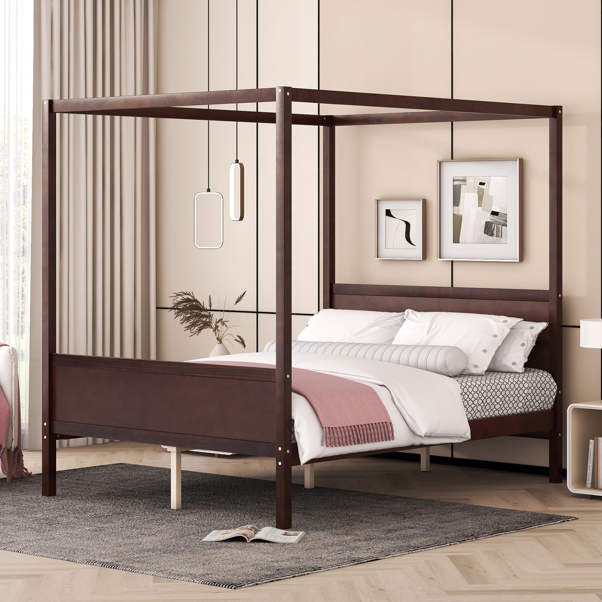 Merax Queen Size Canopy Bed with Headboard and Footboard, Solid Wood 4 Posters Platform Bed with Slat Support Leg, No Box Spring Needed, Espresso