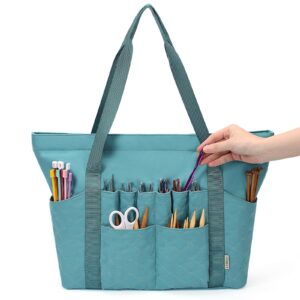 HOMEST Tote Crochet Bag, Yarn Storage Organizer, Knitting Bag with Custom Front Pockets for Crochet Hooks, Knitting Needles and Crochet Accessories, Turquoise