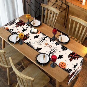 Netnology Black White Spooky Halloween Table Runner with Pumpkin Ghost Witch Black Cat Bat Spider Web, Fall Halloween Party Decoration Holiday Indoor Home Kitchen Table Decor 13 x 72 Inch