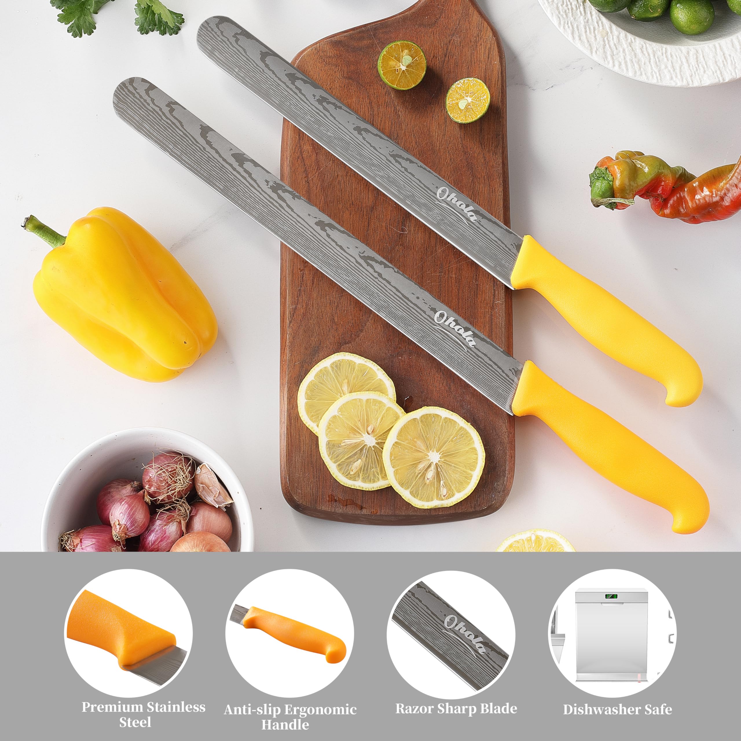 2PCS Brisket Knife, OHOLA 12 inch & 10 inch Carving Meat knife, Premium Stainless Steel Slicing Knife with Plastic Handle, Great for Smoked Brisket, BBQ Meat, Turkey (Orange+Yellow)