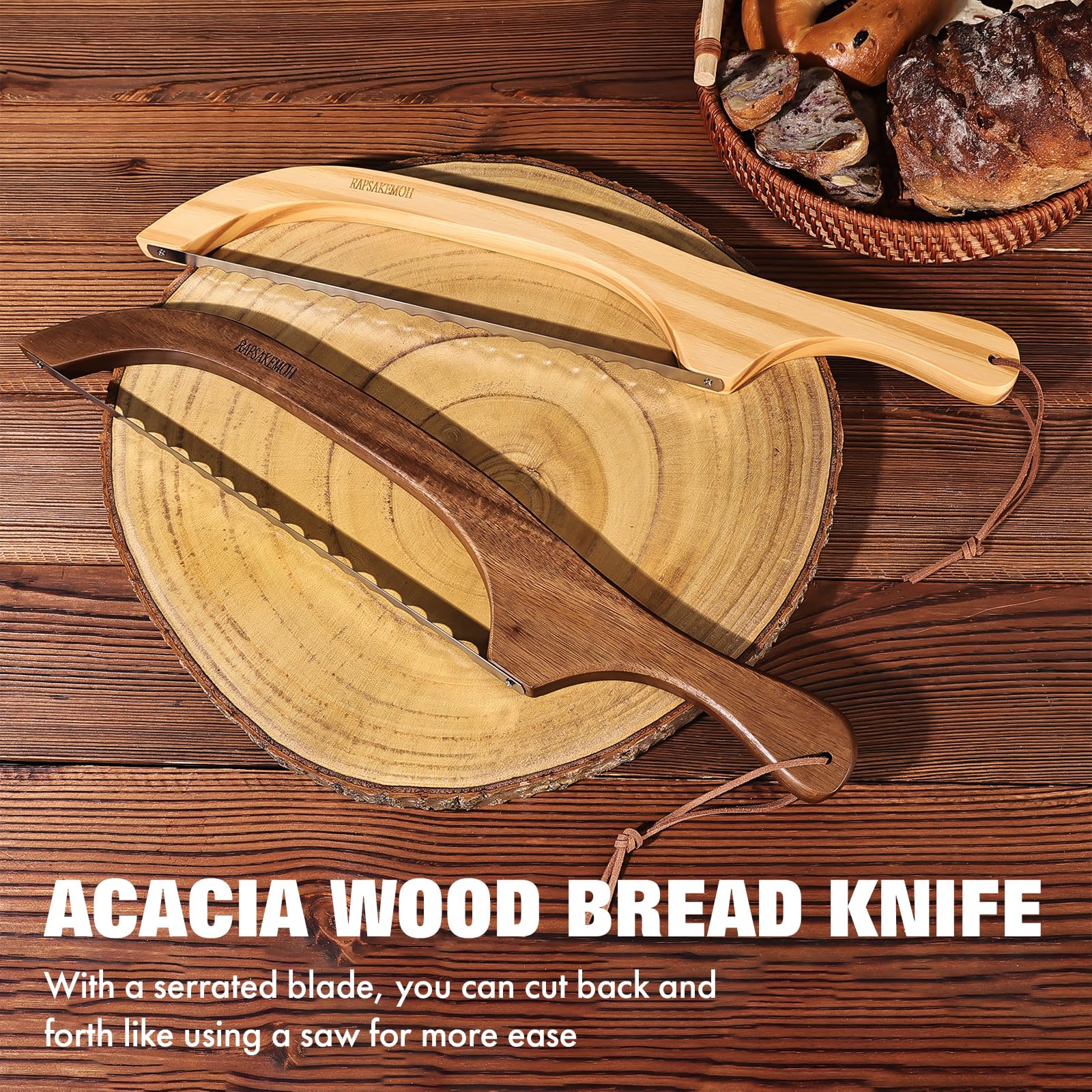 RAPSAKEMOH Bread Knife for Homemade Bread,Sourdough bread knife,15.7"Serrated knife for Homemade Bread, Baguettes and More Cuts Thin,Bow Design Bread knife Easy to Cutting Even Slices (Acacia wood, 1)