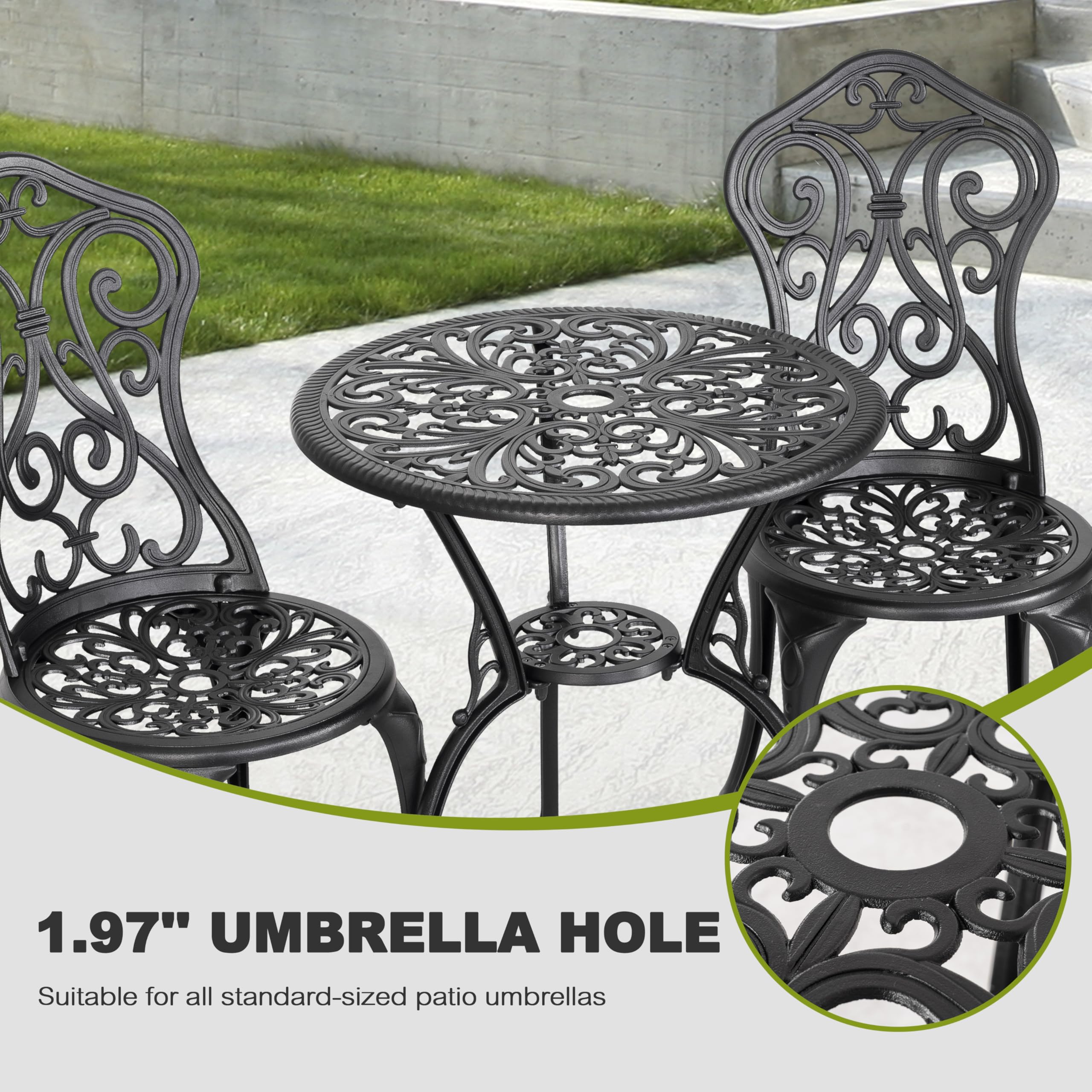 NUU GARDEN 3 Piece Outdoor Bistro Table Set, All Weather Cast Aluminum Patio Bistro Sets Patio Table and Chairs Set of 2 with 1.97" Umbrella Hole for Garden, Yard, Balcony, Black