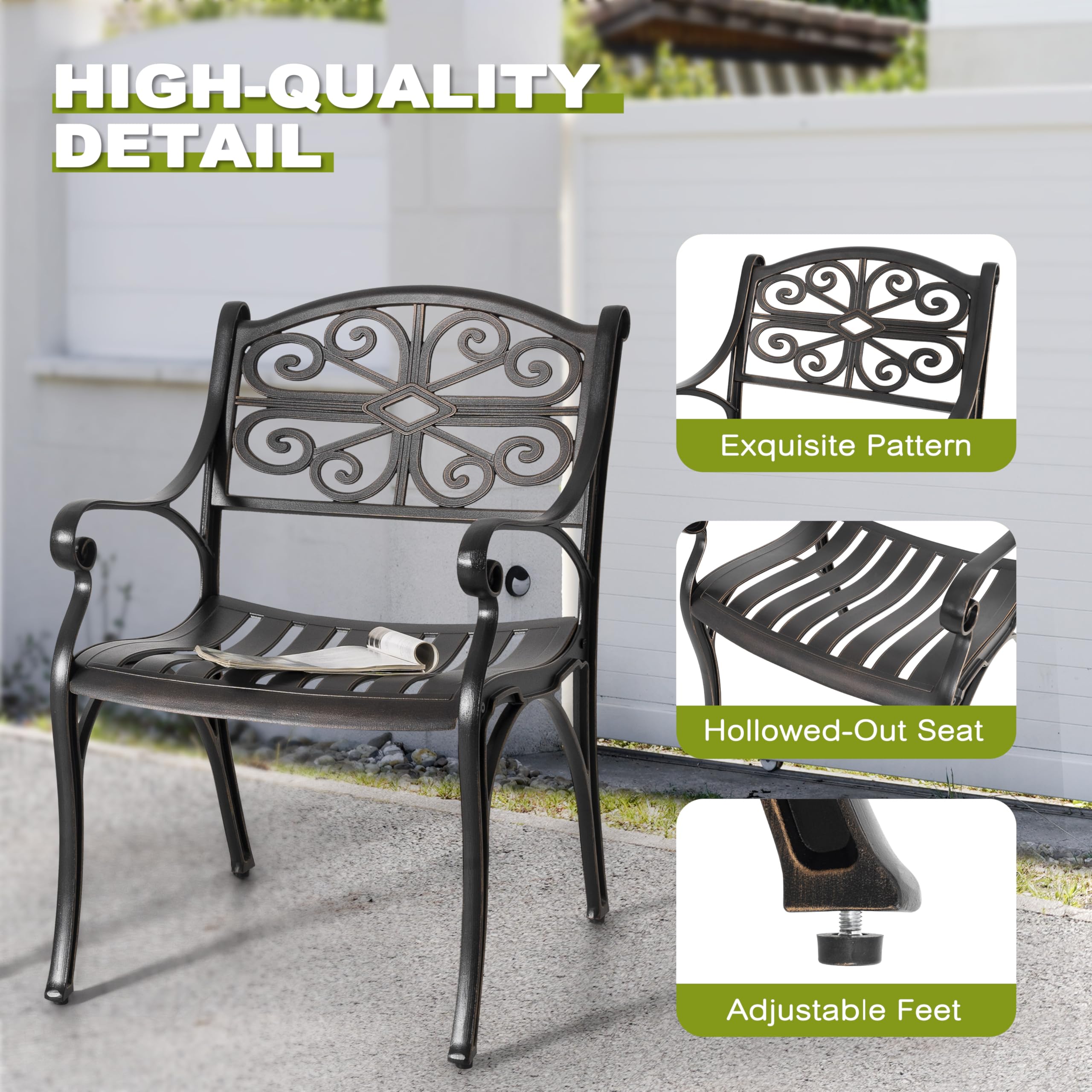 NUU GARDEN Set of 2 Cast Aluminum Patio Dining Chairs with Armrests,All-Weather Patio Dining Chair with Adjustable Feet Outdoor Bistro Chairs for Balcony, Backyard, Garden, Hammered Bronze