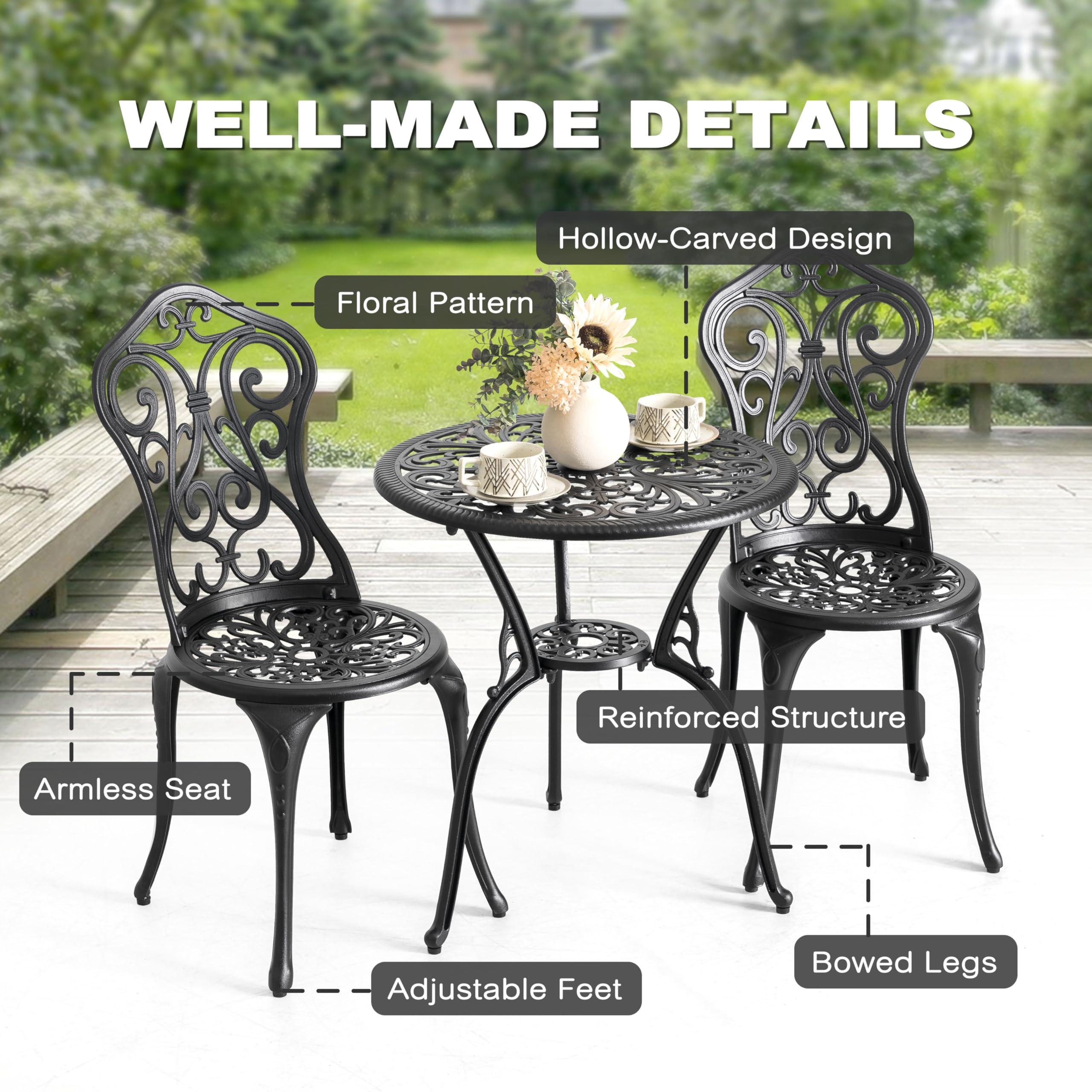 NUU GARDEN 3 Piece Outdoor Bistro Table Set, All Weather Cast Aluminum Patio Bistro Sets Patio Table and Chairs Set of 2 with 1.97" Umbrella Hole for Garden, Yard, Balcony, Black