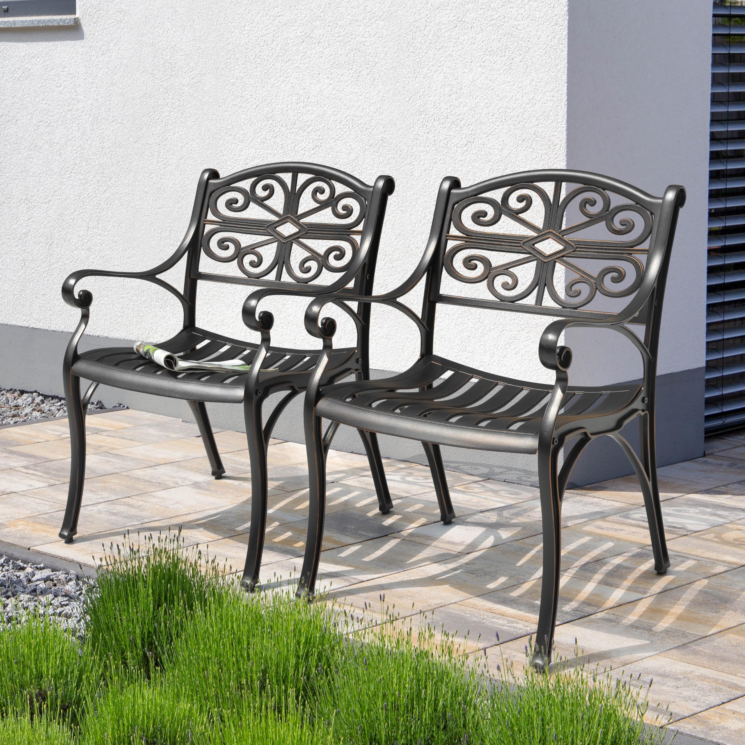 NUU GARDEN Set of 2 Cast Aluminum Patio Dining Chairs with Armrests,All-Weather Patio Dining Chair with Adjustable Feet Outdoor Bistro Chairs for Balcony, Backyard, Garden, Hammered Bronze