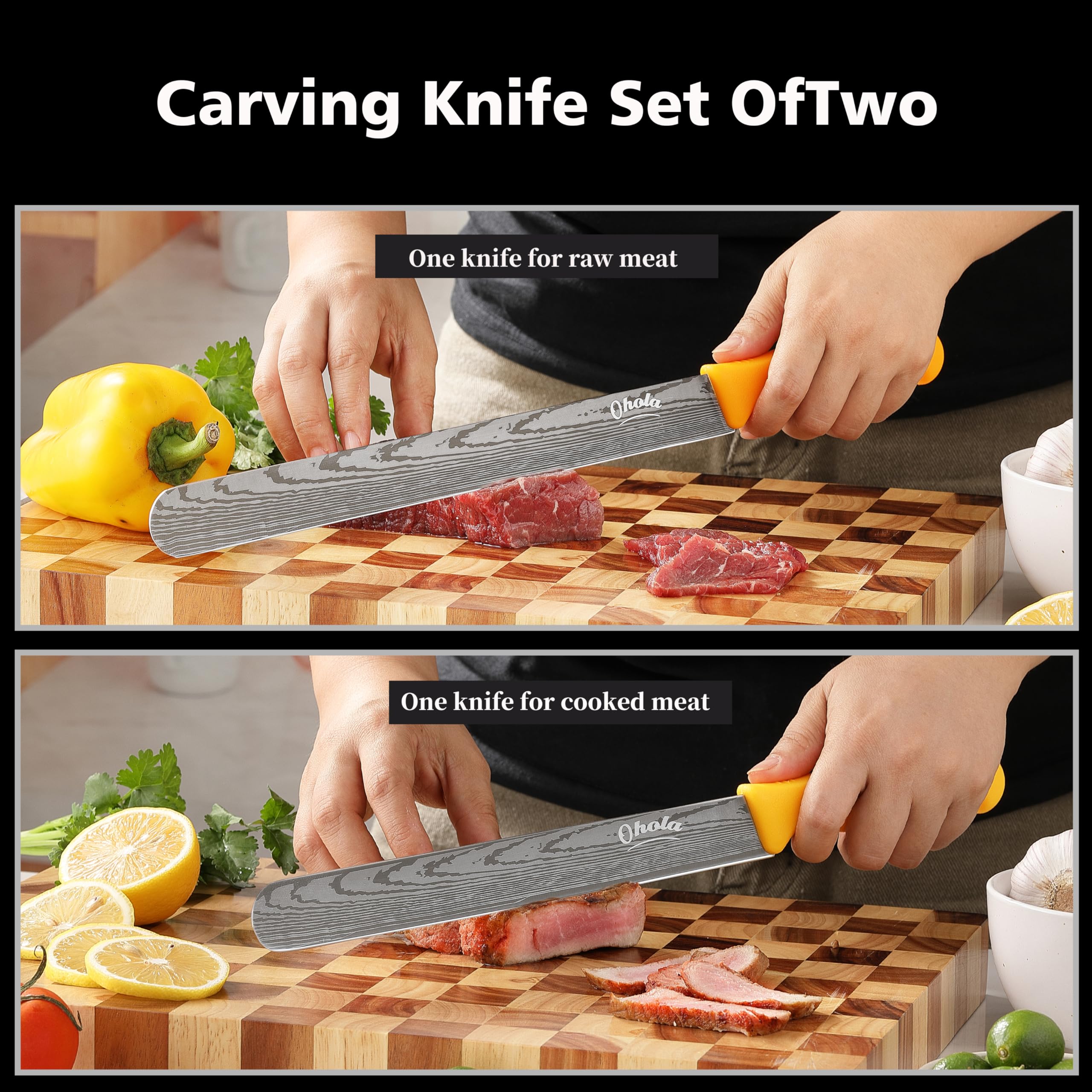 2PCS Brisket Knife, OHOLA 12 inch & 10 inch Carving Meat knife, Premium Stainless Steel Slicing Knife with Plastic Handle, Great for Smoked Brisket, BBQ Meat, Turkey (Orange+Yellow)