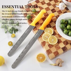 2PCS Brisket Knife, OHOLA 12 inch & 10 inch Carving Meat knife, Premium Stainless Steel Slicing Knife with Plastic Handle, Great for Smoked Brisket, BBQ Meat, Turkey (Orange+Yellow)