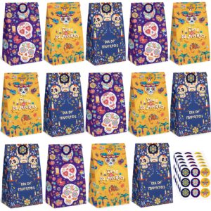 vgoodall 54pcs halloween party favor bags, day of the dead treat bags paper candy bags goodie bags with stickers for party favor supplies 3 designs