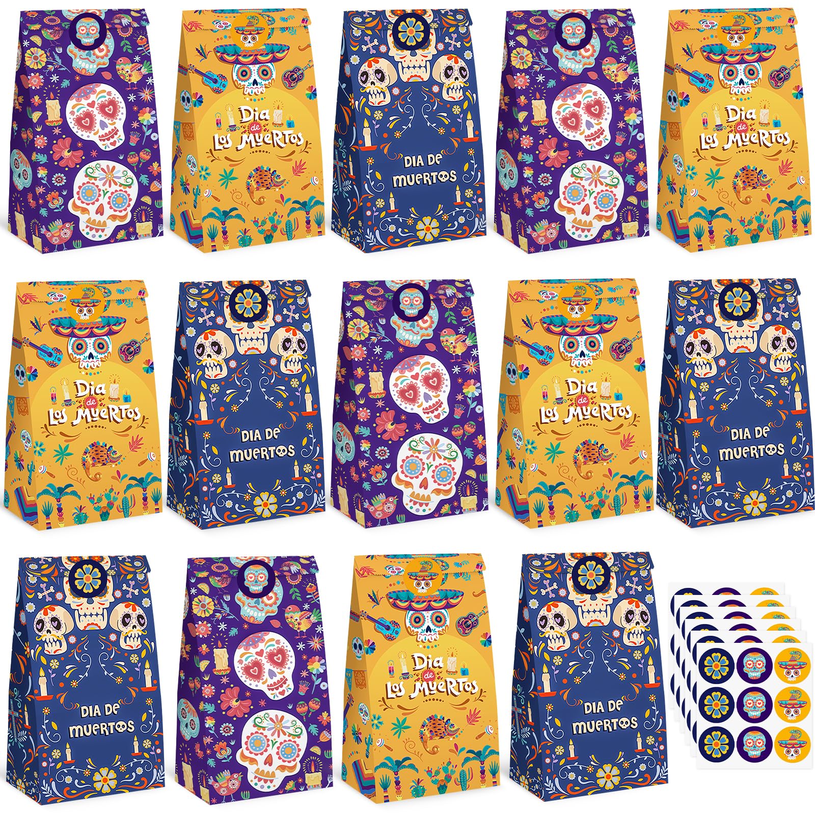 VGOODALL 54PCS Halloween Party Favor Bags, Day of the Dead Treat Bags Paper Candy Bags Goodie Bags with Stickers for Party Favor Supplies 3 Designs