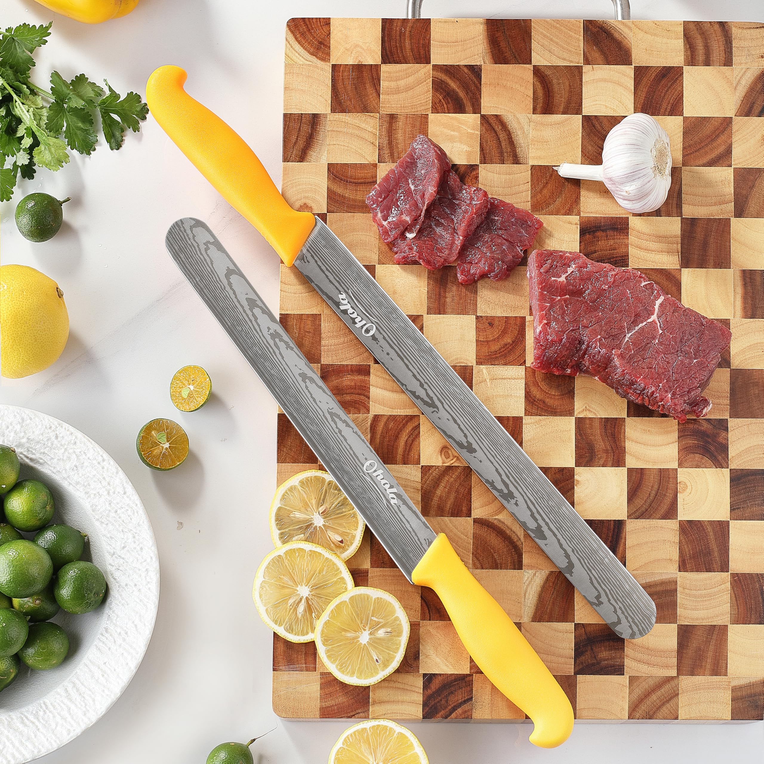 2PCS Brisket Knife, OHOLA 12 inch & 10 inch Carving Meat knife, Premium Stainless Steel Slicing Knife with Plastic Handle, Great for Smoked Brisket, BBQ Meat, Turkey (Orange+Yellow)