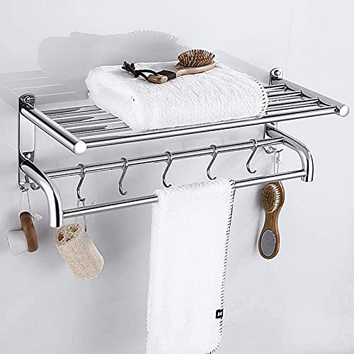 Generic Towel Rail,Bathroom Shelf Stainless Steel Bath Towel Rack Wall-Hung Bathroom Hardware Hanging Hotel Rack Shelf for Kitchen or Bathroom with Hooks/60Cm