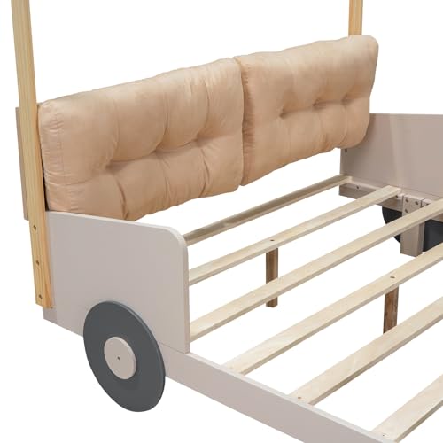 Acosure Full Size Race Car Bed Platform Bed with Pillow,Ceiling Cloth and LED Light,Wood Bed Frame W/Magazine Storage Rack,for Kids Boys Girls Teens,Natural