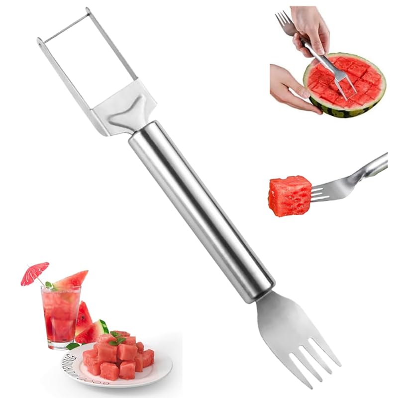 2024 Watermelon Cutter, 2-in-1 Stainless Steel Fruit Knife Watermelon Fork Slicer Cutter Slicer Tool Dual Head Fruit Forks Slicer Knife Summer Portable Fruit Cutting Knife Fork for Home (1, C)