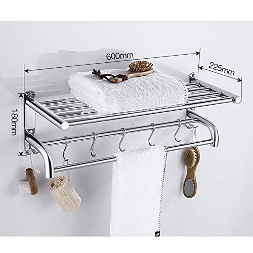 Generic Towel Rail,Bathroom Shelf Stainless Steel Bath Towel Rack Wall-Hung Bathroom Hardware Hanging Hotel Rack Shelf for Kitchen or Bathroom with Hooks/60Cm