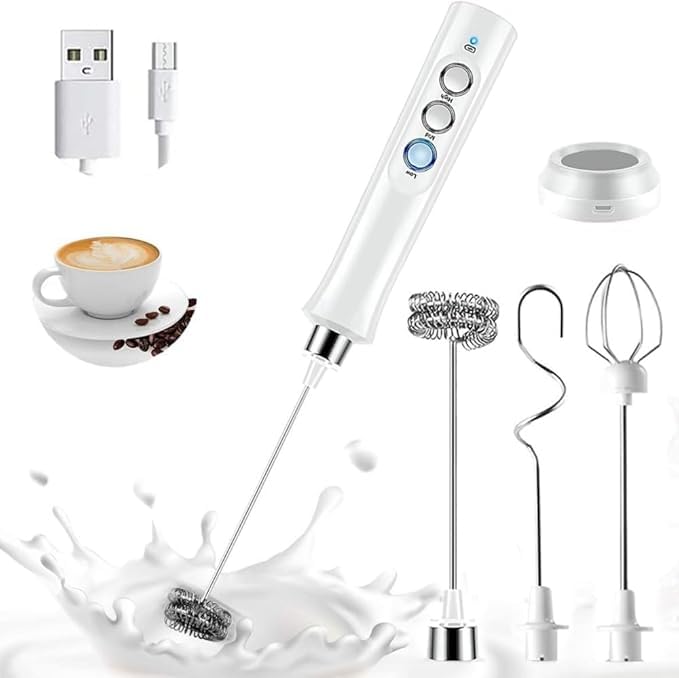 Handheld white milk frother, rechargeable, eletric- Comes with 3 interchangeable heads, stand, charging cable. Use for (milk, cappuccino, frappe, matcha, hot choclate, and so much more)