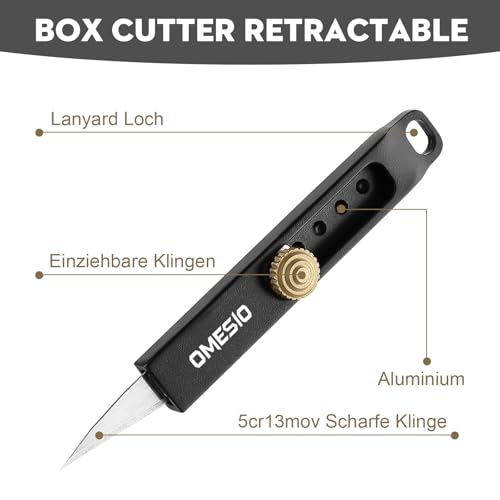 Omesio 2PCS Mini Pocket Box Cutter Keychain, Small Folding Utility Knife with 10 Extra Blades for Men, EDC Retractable Package Letter Opener Cutter Tool Little Box Cutter (Black)