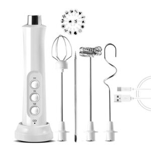 Handheld white milk frother, rechargeable, eletric- Comes with 3 interchangeable heads, stand, charging cable. Use for (milk, cappuccino, frappe, matcha, hot choclate, and so much more)