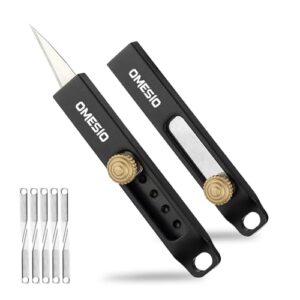 omesio 2pcs mini pocket box cutter keychain, small folding utility knife with 10 extra blades for men, edc retractable package letter opener cutter tool little box cutter (black)