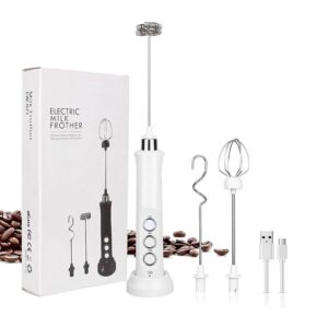 Handheld white milk frother, rechargeable, eletric- Comes with 3 interchangeable heads, stand, charging cable. Use for (milk, cappuccino, frappe, matcha, hot choclate, and so much more)