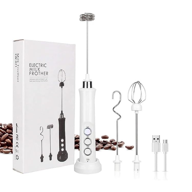 Handheld white milk frother, rechargeable, eletric- Comes with 3 interchangeable heads, stand, charging cable. Use for (milk, cappuccino, frappe, matcha, hot choclate, and so much more)