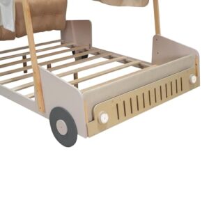 Acosure Full Size Race Car Bed Platform Bed with Pillow,Ceiling Cloth and LED Light,Wood Bed Frame W/Magazine Storage Rack,for Kids Boys Girls Teens,Natural