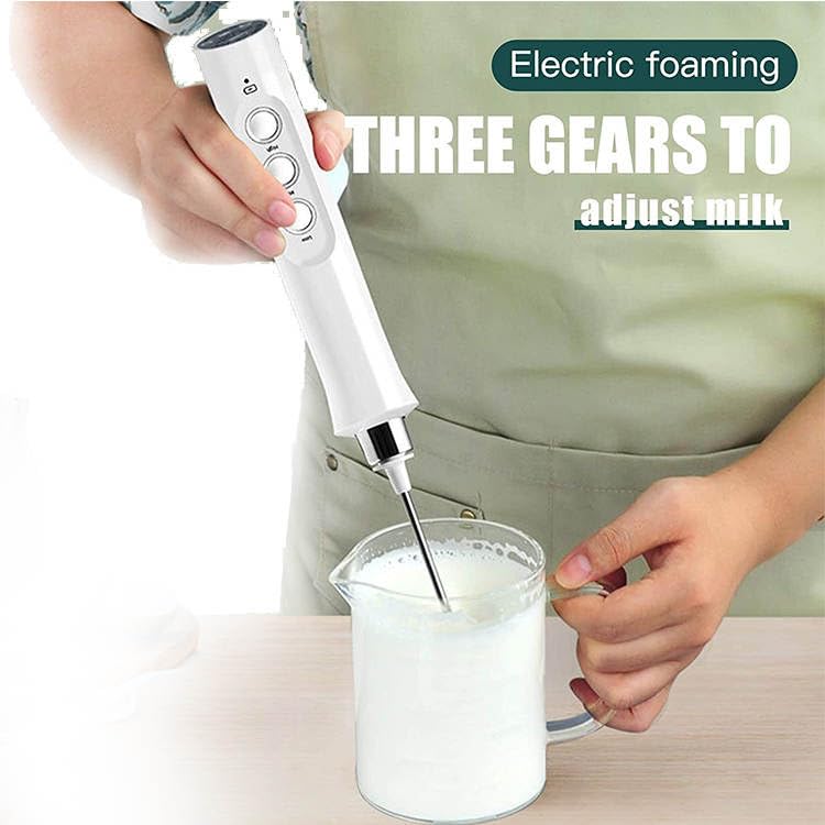 Handheld white milk frother, rechargeable, eletric- Comes with 3 interchangeable heads, stand, charging cable. Use for (milk, cappuccino, frappe, matcha, hot choclate, and so much more)