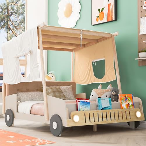 Acosure Full Size Race Car Bed Platform Bed with Pillow,Ceiling Cloth and LED Light,Wood Bed Frame W/Magazine Storage Rack,for Kids Boys Girls Teens,Natural