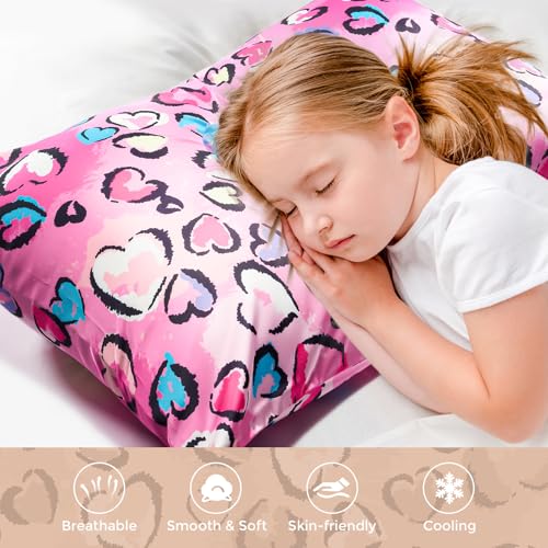 Lolalet Silk Pillowcase for Kids, Satin Pillow Cover with Envelope Closure, Standard Size 20x26 -Leopard Hearts, 1 PC