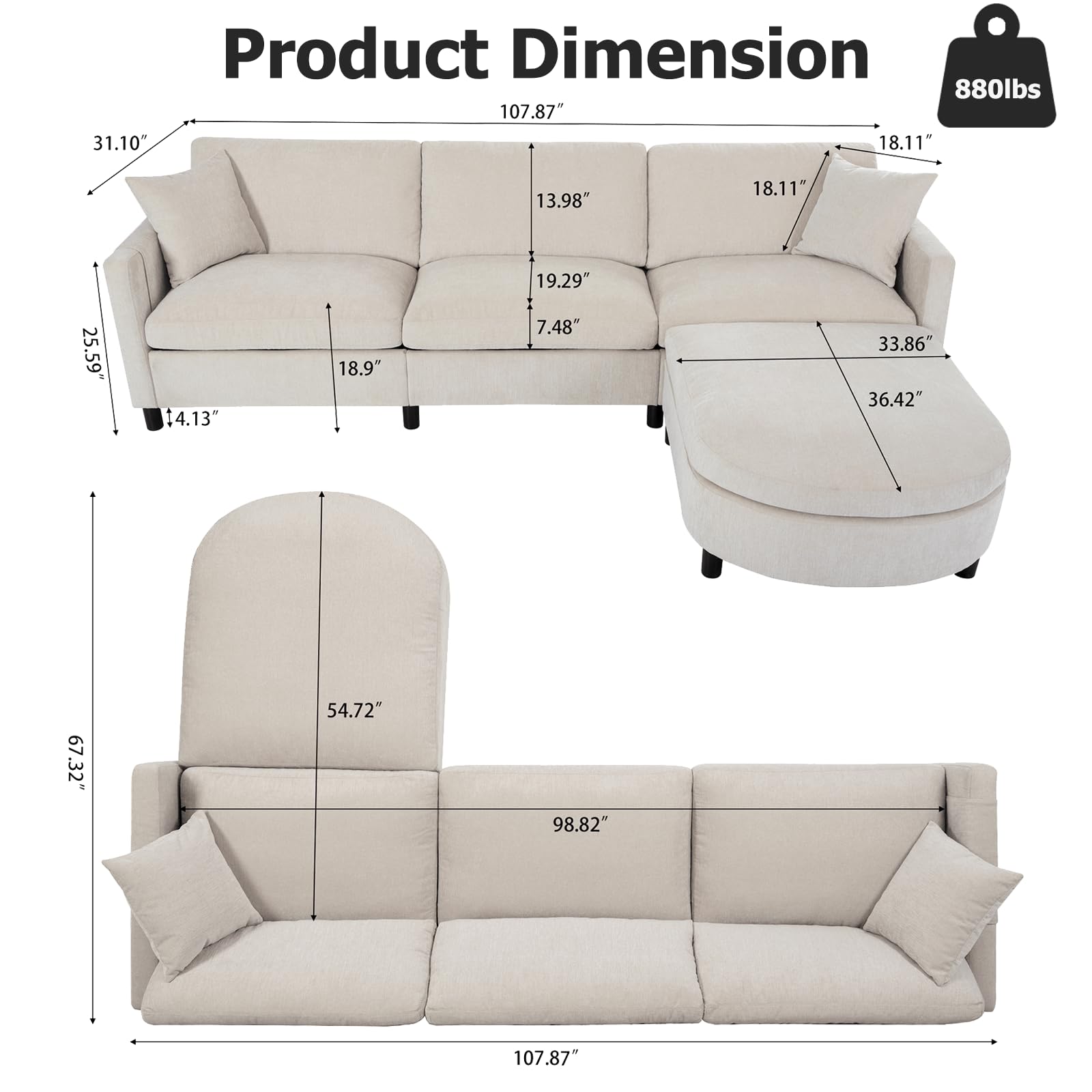 Hison 107" Convertible Sectional Sofa Couch 3 Seat L-Shaped Sofa with Ottoman and Two Pillows Space-Saving Sofas for Living Room,Dark Gray