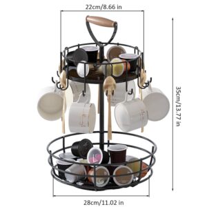 Coffee Mug Holder, 360 Degree Rotatable Mug Tree Stand, 2 Tiers Handle Coffee Cup Holder with 10 Mug Hooks, Coffee Pod Holder with Cup Pods, Saucer Basket Storage & Handle for Kitchen Coffee Bar