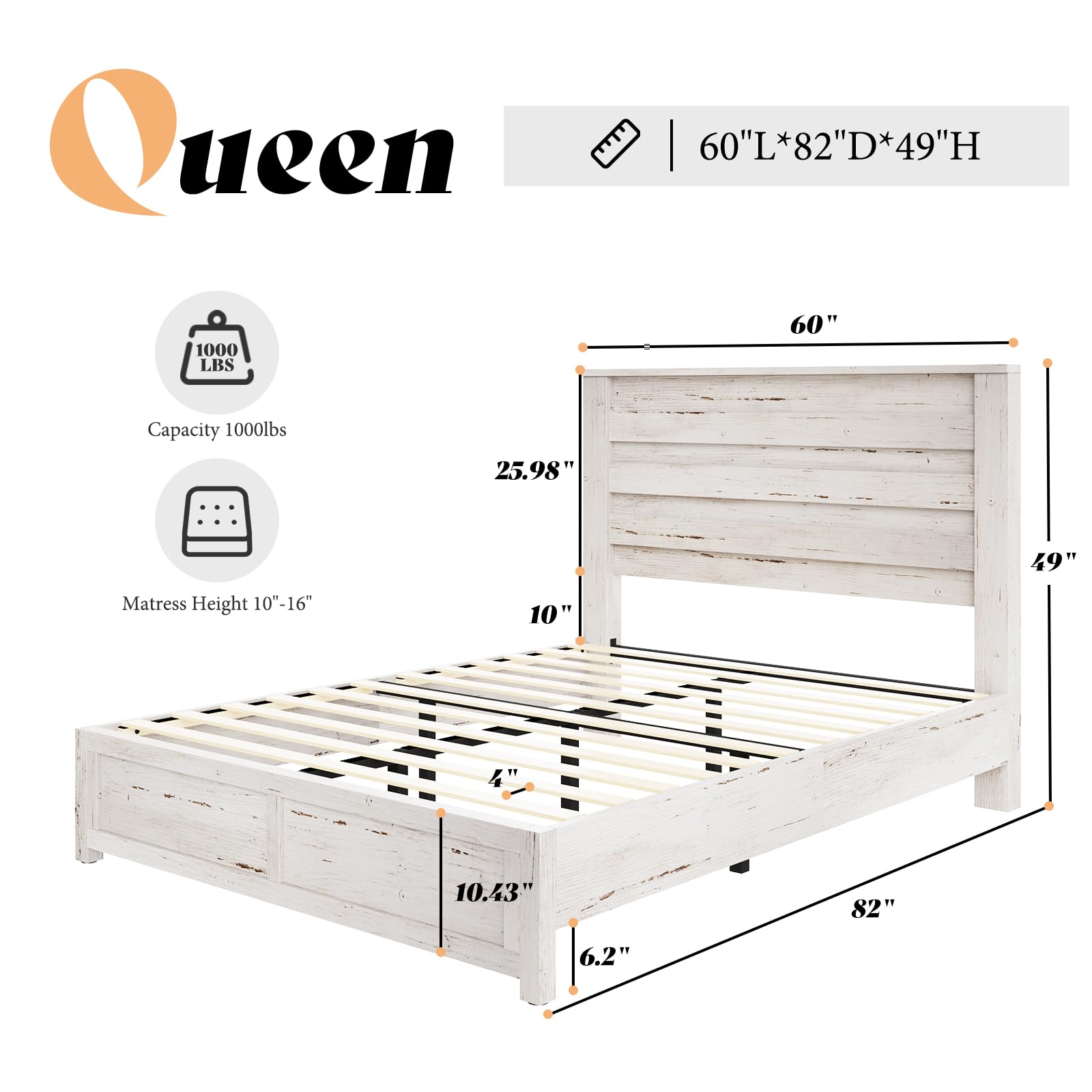 AMERLIFE Farmhouse Queen Size Bed Frame with 49" Fluted Headboard, Platform Bed with Natural Wood Grain, No Box Spring Needed/Noise Free, Distressed White