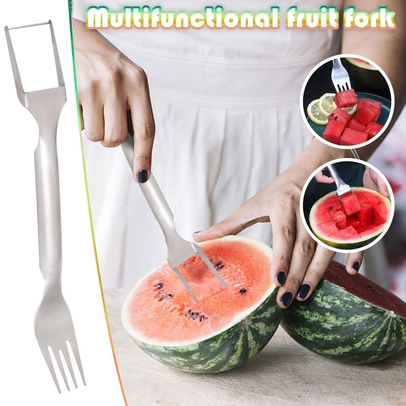 2024 Watermelon Cutter, 2-in-1 Stainless Steel Fruit Knife Watermelon Fork Slicer Cutter Slicer Tool Dual Head Fruit Forks Slicer Knife Summer Portable Fruit Cutting Knife Fork for Home (1, C)