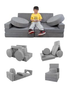 manlilai kids sofa couch 15pcs - modular toddler play couch with removable cover, multifunctional kids couch for playroom bedroom - convertible foam toddler sofa for girls and boys (gray)