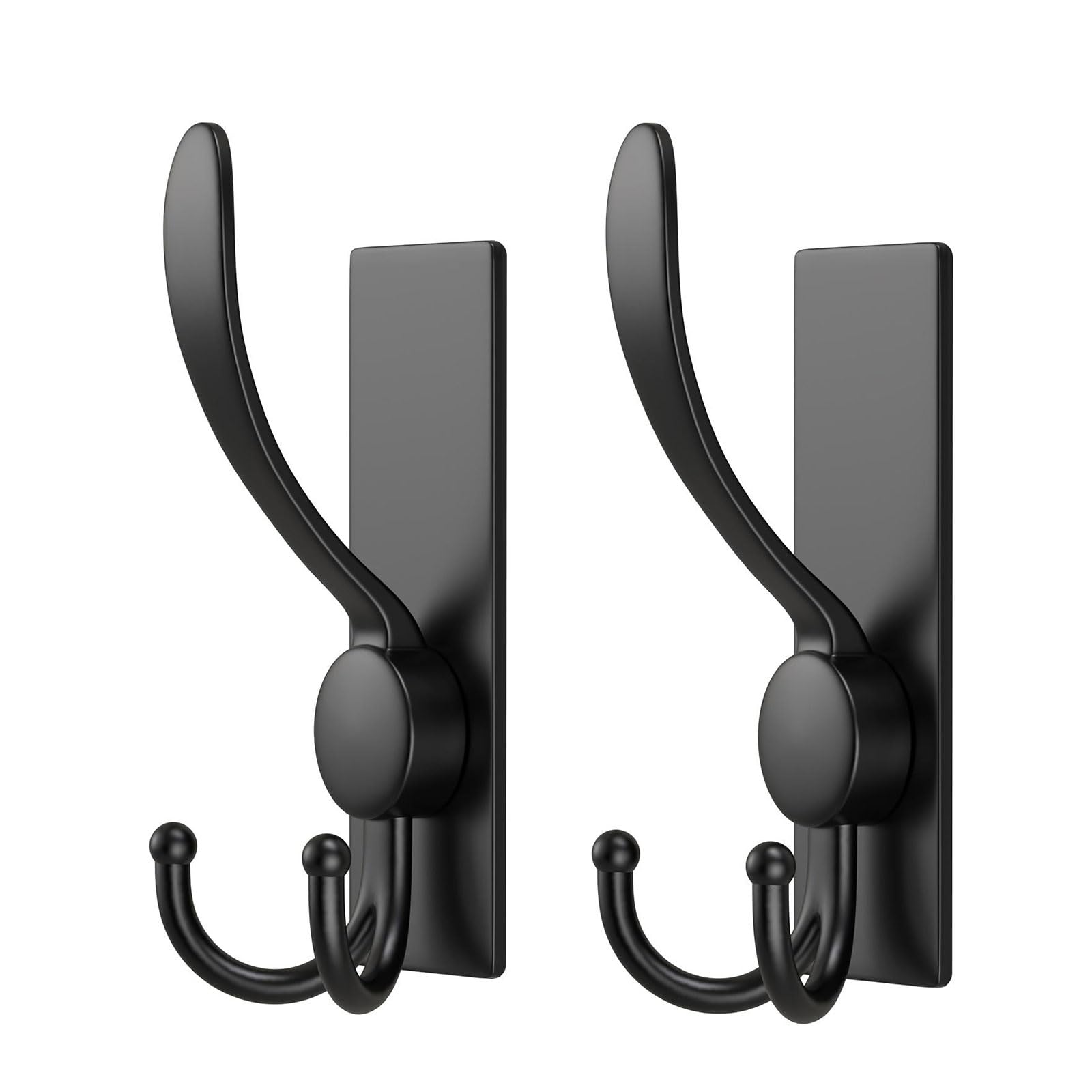 VINHOLD Self-Adhesive Coat Hooks with Tri Hooks, Metal Wall Mounted Towel Hooks for hanging towels, coats, hats, pans, Utility Hooks for bathrooms, bedrooms,kitchens(2 pack，Black)