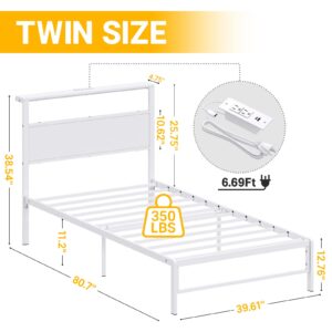 Weehom Twin Bed Frames with Headboard Shelf Storage, Wood Twin Bed Frame with Charging Station and LED Lights, No Box Spring Needed Twin Size Metal Bed Frame for Kids Students, White