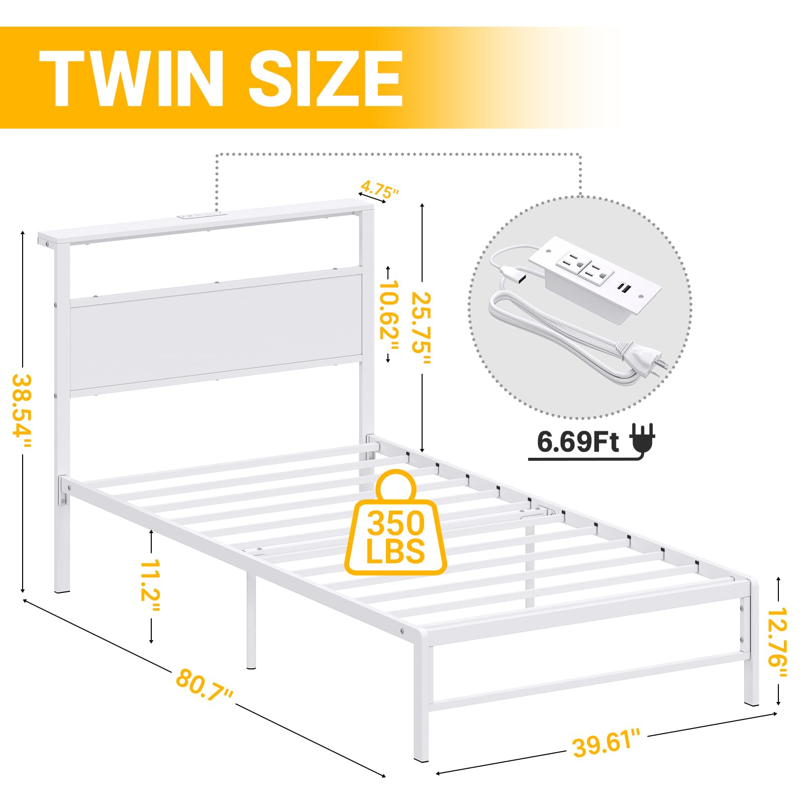 Weehom Twin Bed Frames with Headboard Shelf Storage, Wood Twin Bed Frame with Charging Station and LED Lights, No Box Spring Needed Twin Size Metal Bed Frame for Kids Students, White