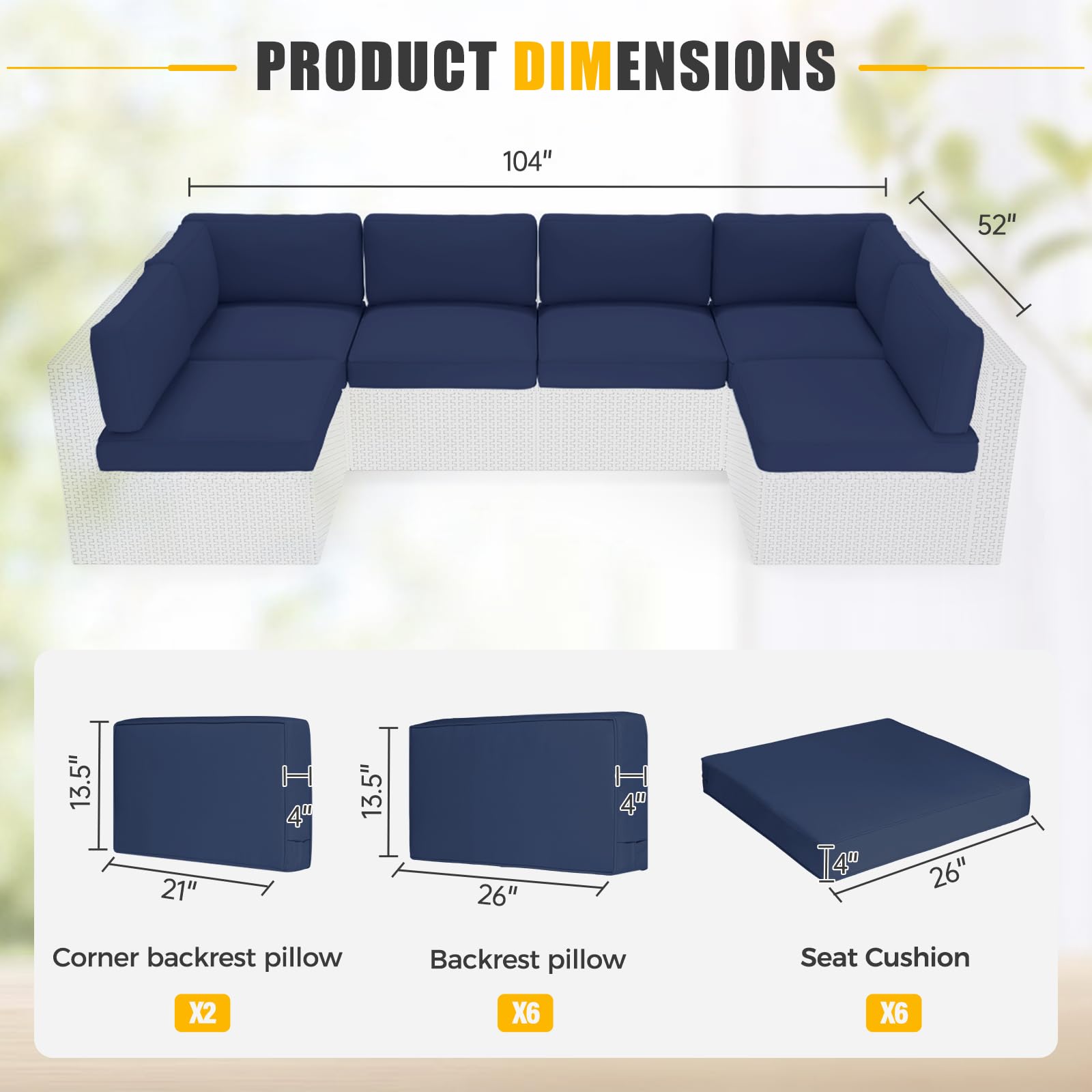 SUNCROWN Outdoor 14-Piece Replacement Cushions for Patio Furniture, Water-Resistant Cushion for 6-seat Patio Sectional Conversation Set, Liner&Cover(Dark Blue)