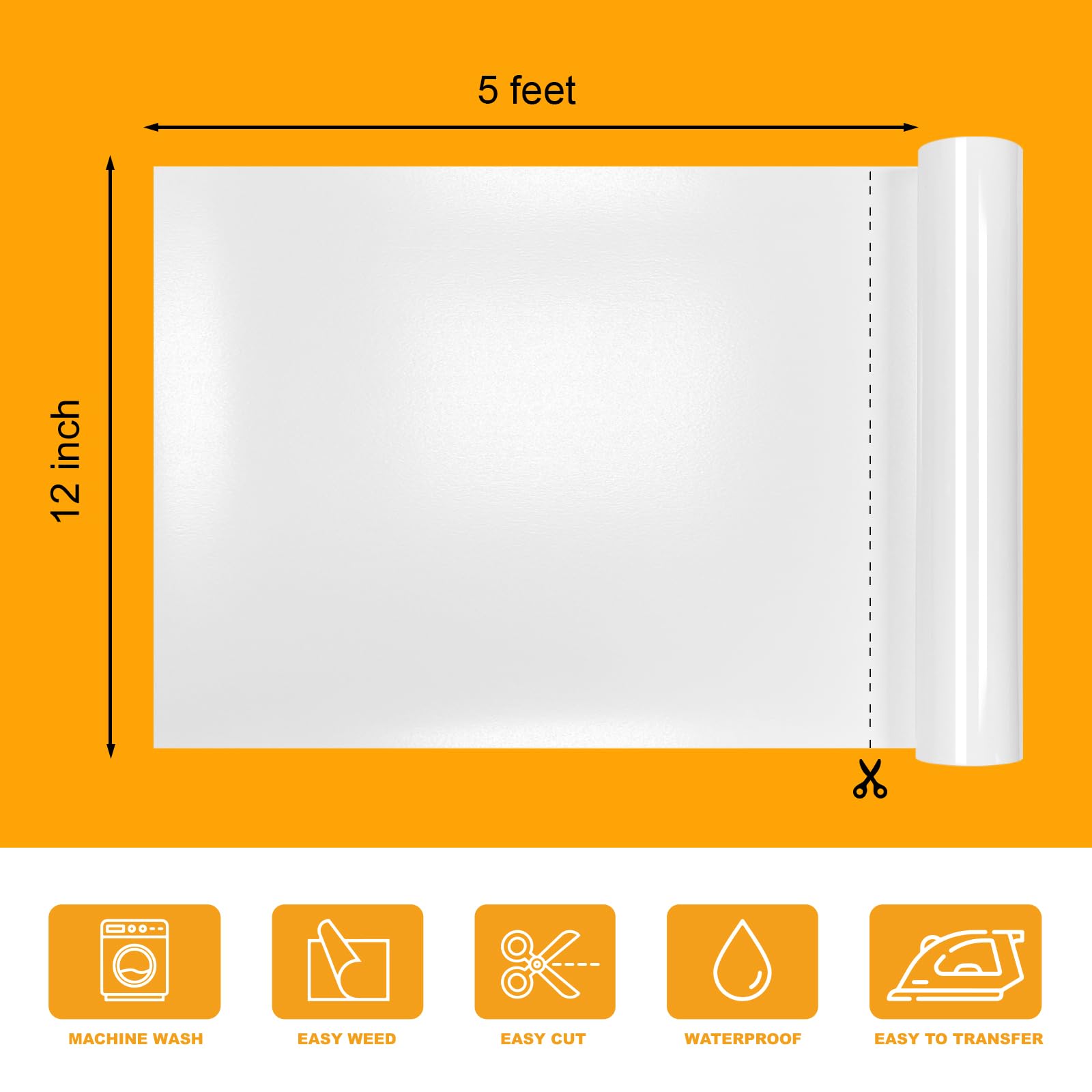 White Puff Heat Transfer 3D 12" x 5 ft for T-Shirt, Puff Iron on Rolls for Cutter Machine - Easy to Cut & Weed for Heat Vinyl Design (White)