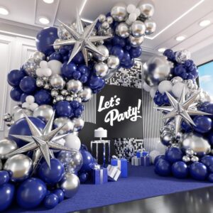 blue and silver balloon garland arch kit, blue and white balloons with confetti balloons for graduation baby shower prom wedding birthday party decorations