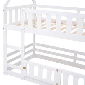 LUKEEHOM Bunk Bed Twin Over Twin House Bunk Bed with Fence and Door Wood Floor Bunk Bed for Boys Girls Teens, No Box Spring, Easy Assembly