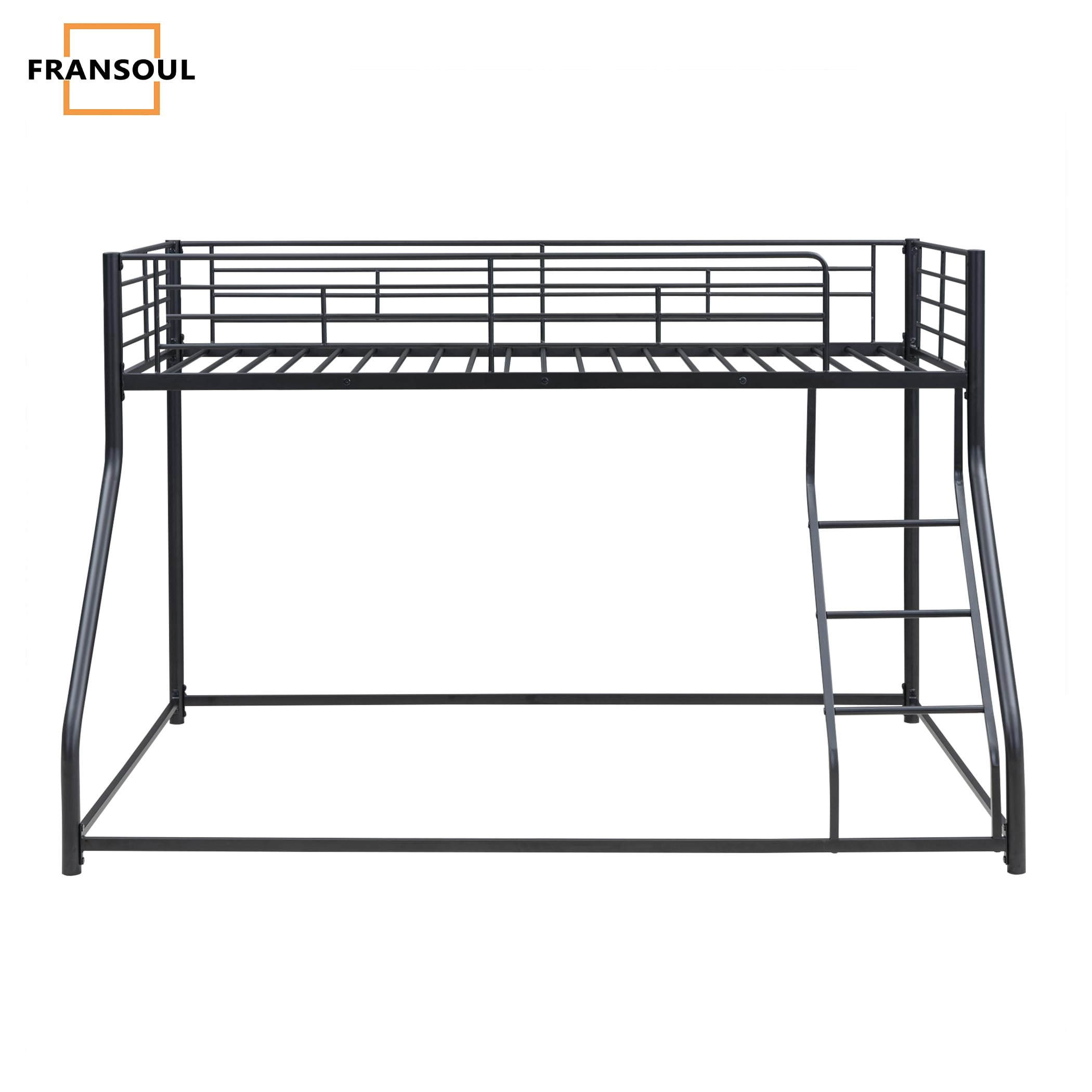 FRANSOUL Full XL Over Queen Size Bunk Bed, Heavy Duty Metal Bunk Bed Frame with Inclined Ladder & Safety Guardrail, Low Metal Floor Bed for Teens Youths Adults, Space Saving & Noise Free