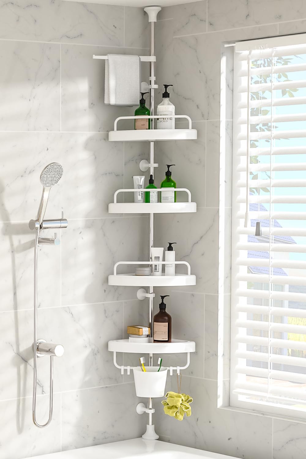 EliteCart Rust Proof Shower Caddy Corner Tension Pole – Adjustable Height (32-120 inch), 4 Tier Shelf Bathtub Organizers and Storage – Includes Towel Rack, Tooth Brush Holder and Suction Cups (White)