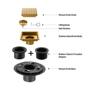 Shower Drain, Brushed Gold 4 inch Shower Floor Square Drain with Flange, Removeable Grid Panel SUS 304 Stainless Steel Square Shower Drain