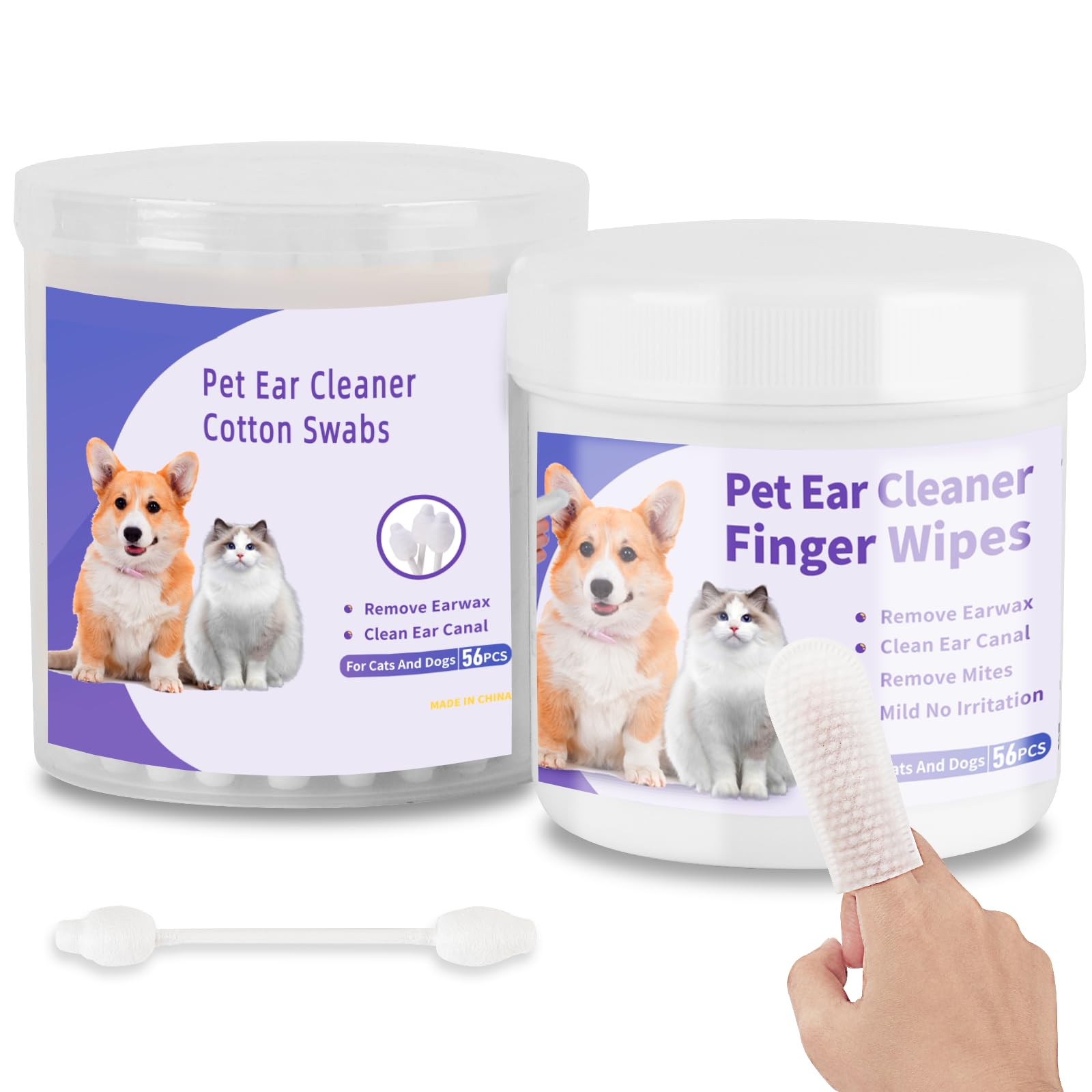 VIVAALI Dog Ear Cleaner Set Dog Ear Wipes with Cotton Swabs, Each 56pcs,Ear Cleaning Finger Wipes for Dogs & Cats, Soft&Gently Remove Ear Wax, Debris, Natural Ingredients